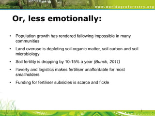 Or, less emotionally:
•

Population growth has rendered fallowing impossible in many
communities

•

Land overuse is depleting soil organic matter, soil carbon and soil
microbiology

•

Soil fertility is dropping by 10-15% a year (Bunch, 2011)

•

Poverty and logistics makes fertiliser unaffordable for most
smallholders

•

Funding for fertiliser subsidies is scarce and fickle

7

 