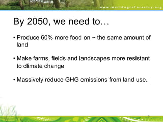 By 2050, we need to…
• Produce 60% more food on ~ the same amount of
land
• Make farms, fields and landscapes more resistant
to climate change
• Massively reduce GHG emissions from land use.

3

 