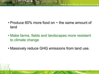 • Produce 60% more food on ~ the same amount of
land
• Make farms, fields and landscapes more resistant
to climate change
• Massively reduce GHG emissions from land use.

3

 
