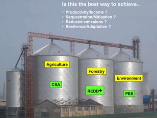 Is this the best way to achieve..
•
•
•
•

Productivity/Income ?
Sequestration/Mitigation ?
Reduced emissions ?
Resilience/Adaptation ?

Agriculture
Forestry
Environment
CSA

REDD+

PES

 