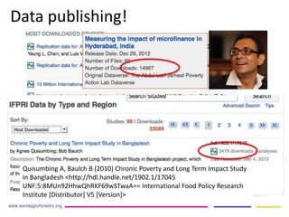Data publishing! 
Quisumbing A, Baulch B (2010) Chronic Poverty and Long Term Impact Study 
in Bangladesh <http://hdl.handle.net/1902.1/17045 
UNF:5:8MUn92HhwQhRKF69wSTwaA== International Food Policy Research 
Institute [Distributor] V5 [Version]> 
 