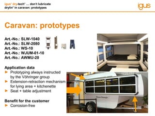 igus®
dry-tech®
… don‘t lubricate
drylin®
in caravan: prototypes
Caravan: prototypes
Art.-No.: SLW-1040
Art.-No.: SLW-2080
Art.-No.: WS-10
Art.-No.: WJUM-01-10
Art.-No.: AWMU-20
Application data
► Prototyping always instructed
by the Vöhringer group
► Extension-retraction mechanism
for lying area + kitchenette
► Seat + table adjustment
Benefit for the customer
► Corrosion-free
 