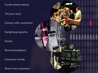 Curate winery details
Tell your story
Connect with customers
Sampling programs
Events
Recommendations
Consumer trends
Reac...