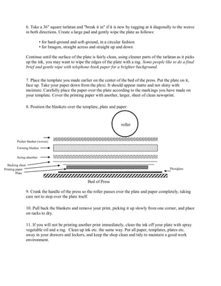 6. Take a 36" square tarlatan and "break it in" if it is new by tugging at it diagonally to the weave
in both directions. Create a large pad and gently wipe the plate as follows:
• for hard-ground and soft-ground, in a circular fashion
• for Imagon, straight across and straight up and down
Continue until the surface of the plate is fairly clean, using cleaner parts of the tarlatan as it picks
up the ink, you may want to wipe the edges of the plate with a rag. Some people like to do a final
brief and gentle wipe with telephone-book paper for a brighter background.
7. Place the template you made earlier on the center of the bed of the press. Put the plate on it,
face up. Take your paper down from the plexi. It should appear matte and not shiny with
moisture. Carefully place the paper over the plate according to the markings you have made on
your template. Cover the printing paper with another, larger, sheet of clean newsprint.
8. Position the blankets over the template, plate and paper:
Bed of Press
9. Crank the handle of the press so the roller passes over the plate and paper completely, taking
care not to stop over the plate itself.
10. Pull back the blankets and remove your print, picking it up slowly from one corner, and place
on racks to dry.
11. If you will not be printing another print immediately, clean the ink off your plate with spray
vegetable oil and a rag. Clean up ink etc. the same way. Put all paper, templates, plates etc.
away in your drawers and lockers, and keep the shop clean and tidy to maintain a good work
environment.
roller
Pusher blanket (woven)
Forming blanket
(woven)
Sizing absorber
Backing sheet
Printing paper
Plate
Plexiglass
 