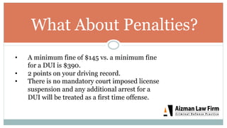 What About Penalties?
•  A minimum fine of $145 vs. a minimum fine
for a DUI is $390.
•  2 points on your driving record.
•  There is no mandatory court imposed license
suspension and any additional arrest for a
DUI will be treated as a first time offense.
 