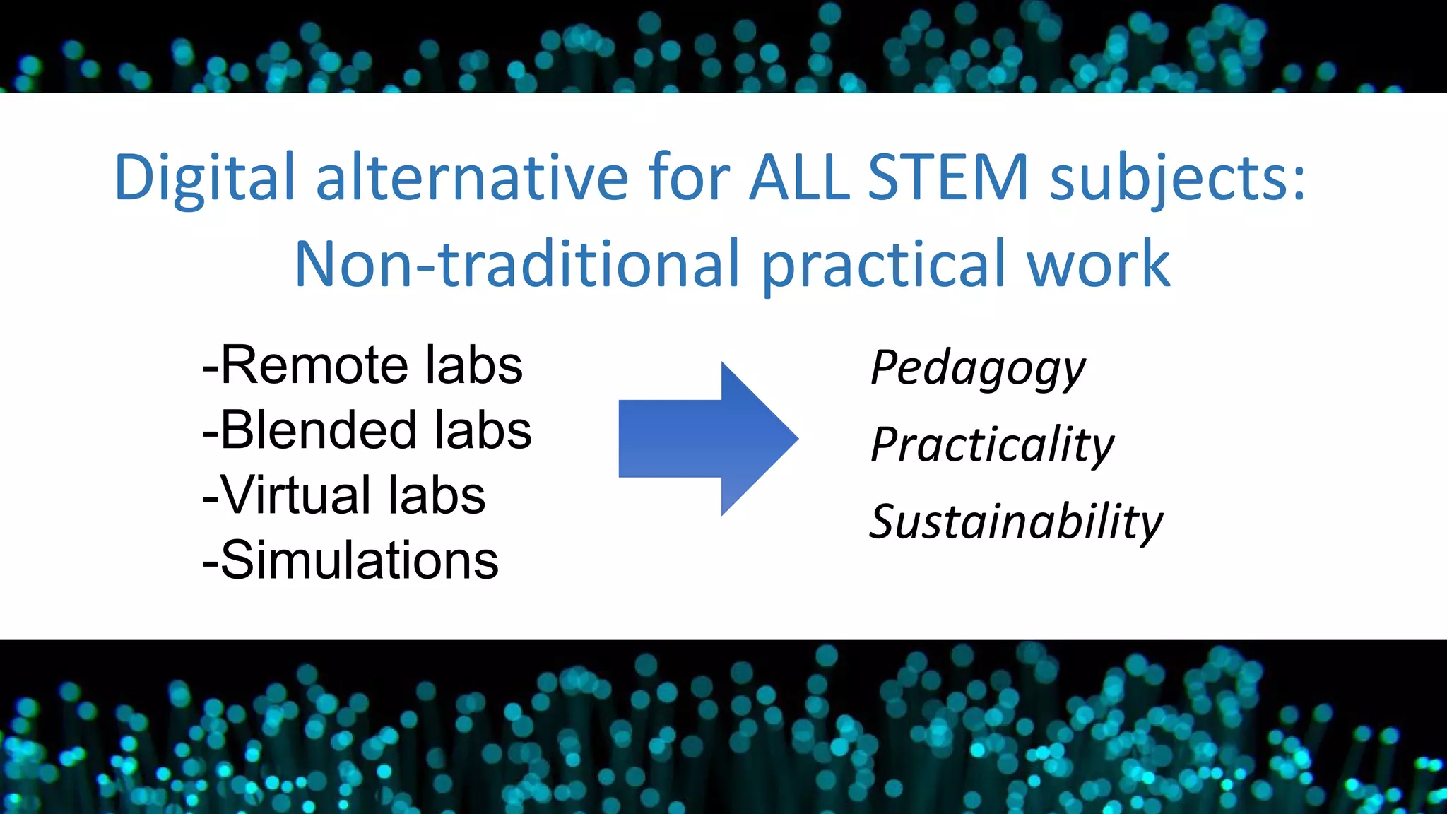 Digital alternative for ALL STEM subjects:
Non-traditional practical work
Pedagogy
Practicality
Sustainability
-Remote labs
-Blended labs
-Virtual labs
-Simulations
 