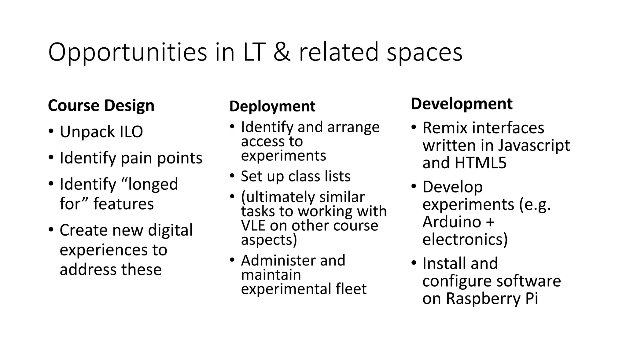 Opportunities in LT & related spaces
Course Design
• Unpack ILO
• Identify pain points
• Identify “longed
for” features
• Create new digital
experiences to
address these
Development
• Remix interfaces
written in Javascript
and HTML5
• Develop
experiments (e.g.
Arduino +
electronics)
• Install and
configure software
on Raspberry Pi
Deployment
• Identify and arrange
access to
experiments
• Set up class lists
• (ultimately similar
tasks to working with
VLE on other course
aspects)
• Administer and
maintain
experimental fleet
 