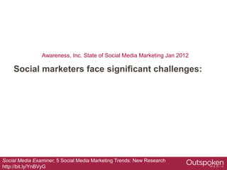Awareness, Inc. State of Social Media Marketing Jan 2012

    Social marketers face significant challenges:




Social Media Examiner, 5 Social Media Marketing Trends: New Research
http://bit.ly/YnBVyG
 