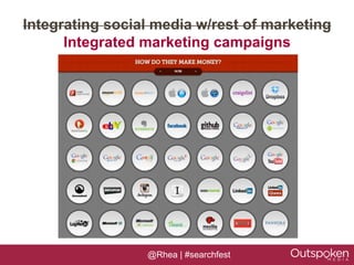 Integrating social media w/rest of marketing
      Integrated marketing campaigns




                 @Rhea | #searchfest
 