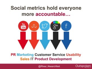 Social metrics hold everyone
    more accountable…




PR Marketing Customer Service Usability
    Sales IT Product Development
               @Rhea | #searchfest
 