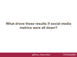 What drove these results if social media
       metrics were all down?




                @Rhea | #searchfest
 