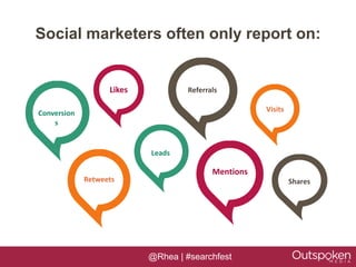 Social marketers often only report on:


                   Likes            Referrals

Conversion                                            Visits
    s


                           Leads

                                           Mentions
             Retweets                                          Shares




                           @Rhea | #searchfest
 