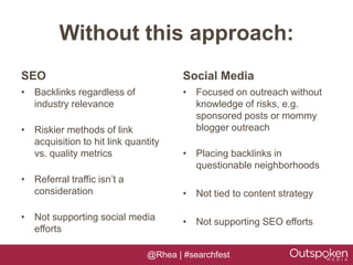 Without this approach:
SEO                                    Social Media
• Backlinks regardless of              • Focused on outreach without
  industry relevance                     knowledge of risks, e.g.
                                         sponsored posts or mommy
• Riskier methods of link                blogger outreach
  acquisition to hit link quantity
  vs. quality metrics                  • Placing backlinks in
                                         questionable neighborhoods
• Referral traffic isn’t a
  consideration                        • Not tied to content strategy

• Not supporting social media          • Not supporting SEO efforts
  efforts

                               @Rhea | #searchfest
 
