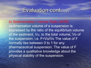28
Evaluation cont……Evaluation cont……
• b) Sedimentation Volume Ratio (SVR):
sedimentation volume of a suspension is
expressed by the ratio of the equilibrium volume
of the sediment, Vu, to the total volume, Vo of
the suspension. i.e. F=Vu/Vo The value of F
normally lies between 0 to 1 for any
pharmaceutical suspension. The value of F
provides a qualitative knowledge about the
physical stability of the suspension.
 