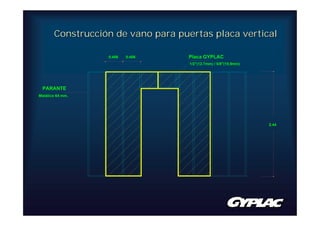 Construcción de vano para puertas placa vertical

                  0.406   0.406    Placa GYPLAC
                                    1/2"(12.7mm) / 5/8"(15.9mm)




 PARANTE
Metálico 64 mm.




                                                                  2.44
 