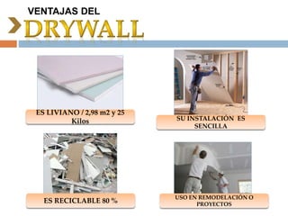 ES LIVIANO / 2,98 m2 y 25
Kilos SU INSTALACIÓN ES
SENCILLA
ES RECICLABLE 80 %
USO EN REMODELACIÓN O
PROYECTOS
VENTAJAS DEL
 