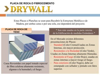 PLACA DE ROCA O FIBROCEMENTO
Estas Placas o Planchas se usan para Recubrir la Estructura Metálica o de
Madera, por ambas caras o por una sola, eso dependerá del proyecto.
PLACA DE ROCA DE
YESO
Caras Revestidas con papel tratado especial
de fibra celulosa altamente resistente,
algunas a la humedad y al fuego.
* Son más usadas en la parte interna
de la Edificación de medidas Estándares *
En el Mercado existen diferentes
presentaciones de Placas:
- Standard (Color Crema)Usadas en Zonas
Internas, sin mayor protección.
- Resistentes a la Humedad (Color Verde),
Usadas en Zonas Internas altamente Húmedas.
- Resistente al Fuego (Color Rojo), usadas en
zonas internas a mayor riesgo al fuego.
- Para exteriores (Color Negro), debe ser
estampado con sellador y pintado con látex
superior.
 