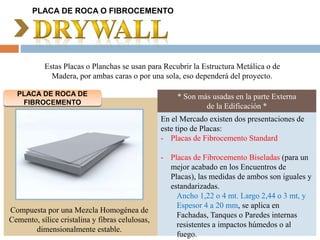 PLACA DE ROCA O FIBROCEMENTO
PLACA DE ROCA DE
FIBROCEMENTO
Compuesta por una Mezcla Homogénea de
Cemento, sílice cristalina y fibras celulosas,
dimensionalmente estable.
En el Mercado existen dos presentaciones de
este tipo de Placas:
- Placas de Fibrocemento Standard
- Placas de Fibrocemento Biseladas (para un
mejor acabado en los Encuentros de
Placas), las medidas de ambos son iguales y
estandarizadas.
Ancho 1,22 o 4 mt. Largo 2,44 o 3 mt, y
Espesor 4 a 20 mm, se aplica en
Fachadas, Tanques o Paredes internas
resistentes a impactos húmedos o al
fuego.
* Son más usadas en la parte Externa
de la Edificación *
Estas Placas o Planchas se usan para Recubrir la Estructura Metálica o de
Madera, por ambas caras o por una sola, eso dependerá del proyecto.
 