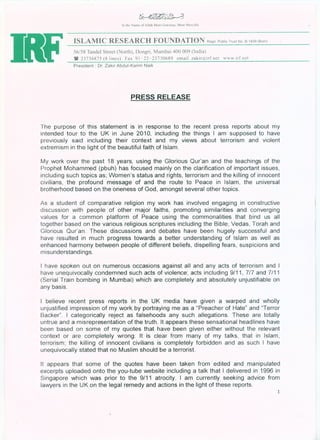 Dr zakir naik   press release
