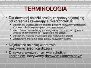 TERMINOLOGIATERMINOLOGIA
 Dla dowolnej ścieżki prostej rozpoczynającej się
od korzenia i zawierającej wierzchołek V:
 wierzchołki występujące w ścieżce przed V nazywamy przodkami
V, a wierzchołki występujące po - potomkami V
 wierzchołek poprzedzający V nazywamy rodzicem lub ojcem, a
będący bezpośrednio po - dzieckiem lub synem.
 wierzchołki mające wspólnego ojca nazywamy braćmi
 Wierzchołki, które nie mają synów nazywamy liśćmi .
 Najdłuższą ścieżkę w drzewie
nazywamy średnicą drzewa.
 Drzewo z wyróżnionym wierzchołkiem,
korzeniem, nazywamy drzewem ukorzenionym.
 