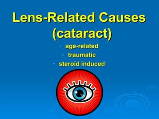 Lens-Related Causes
      (cataract)
         - age-related
          - traumatic
     -   steroid induced
 