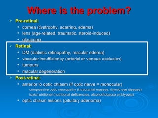Where is the problem?
 Pre-retinal:
    cornea (dystrophy, scarring, edema)
    lens (age-related, traumatic, steroid-induced)
    glaucoma
 Retinal:
    DM (diabetic retinopathy, macular edema)
    vascular insufficiency (arterial or venous occlusion)
    tumours
    macular degeneration
 Post-retinal:
    anterior to optic chiasm (if optic nerve = monocular)
         • compressive optic neuropathy (intracranial masses, thyroid eye disease)
         • toxic/nutritional (nutritional deficiencies, alcohol/tobacco amblyopia)
       optic chiasm lesions (pituitary adenoma)
 