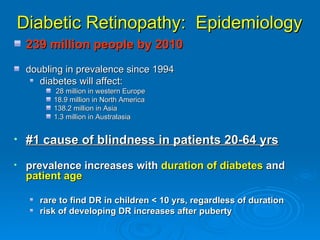Diabetic Retinopathy: Epidemiology
    239 million people by 2010
    doubling in prevalence since 1994
       diabetes will affect:
           28 million in western Europe
          18.9 million in North America
          138.2 million in Asia
          1.3 million in Australasia


•   #1 cause of blindness in patients 20-64 yrs
•   prevalence increases with duration of diabetes and
    patient age

       rare to find DR in children < 10 yrs, regardless of duration
       risk of developing DR increases after puberty
 