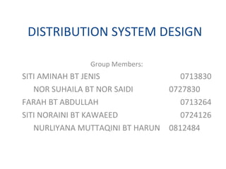 DISTRIBUTION SYSTEM DESIGN Group Members: SITI AMINAH BT JENIS 0713830 NOR SUHAILA BT NOR SAIDI 0727830 FARAH BT ABDULLAH 0713264 SITI NORAINI BT KAWAEED 0724126 NURLIYANA MUTTAQINI BT HARUN  0812484 