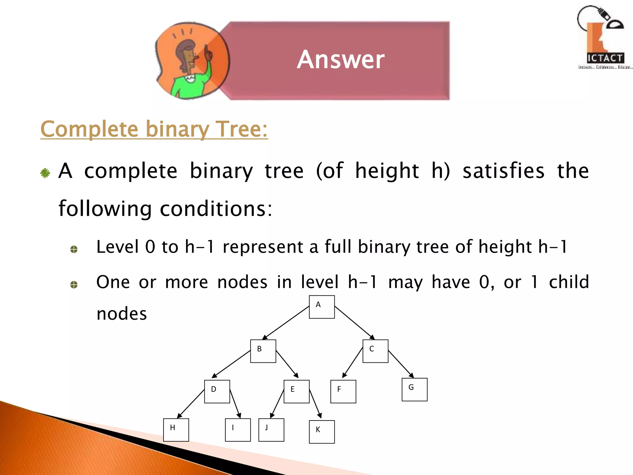 Complete binary Tree:
A complete binary tree (of height h) satisfies the
following conditions:
Level 0 to h-1 represent a full binary tree of height h-1
One or more nodes in level h-1 may have 0, or 1 child
nodes
Answer
A
B C
D E F G
H I J K
 