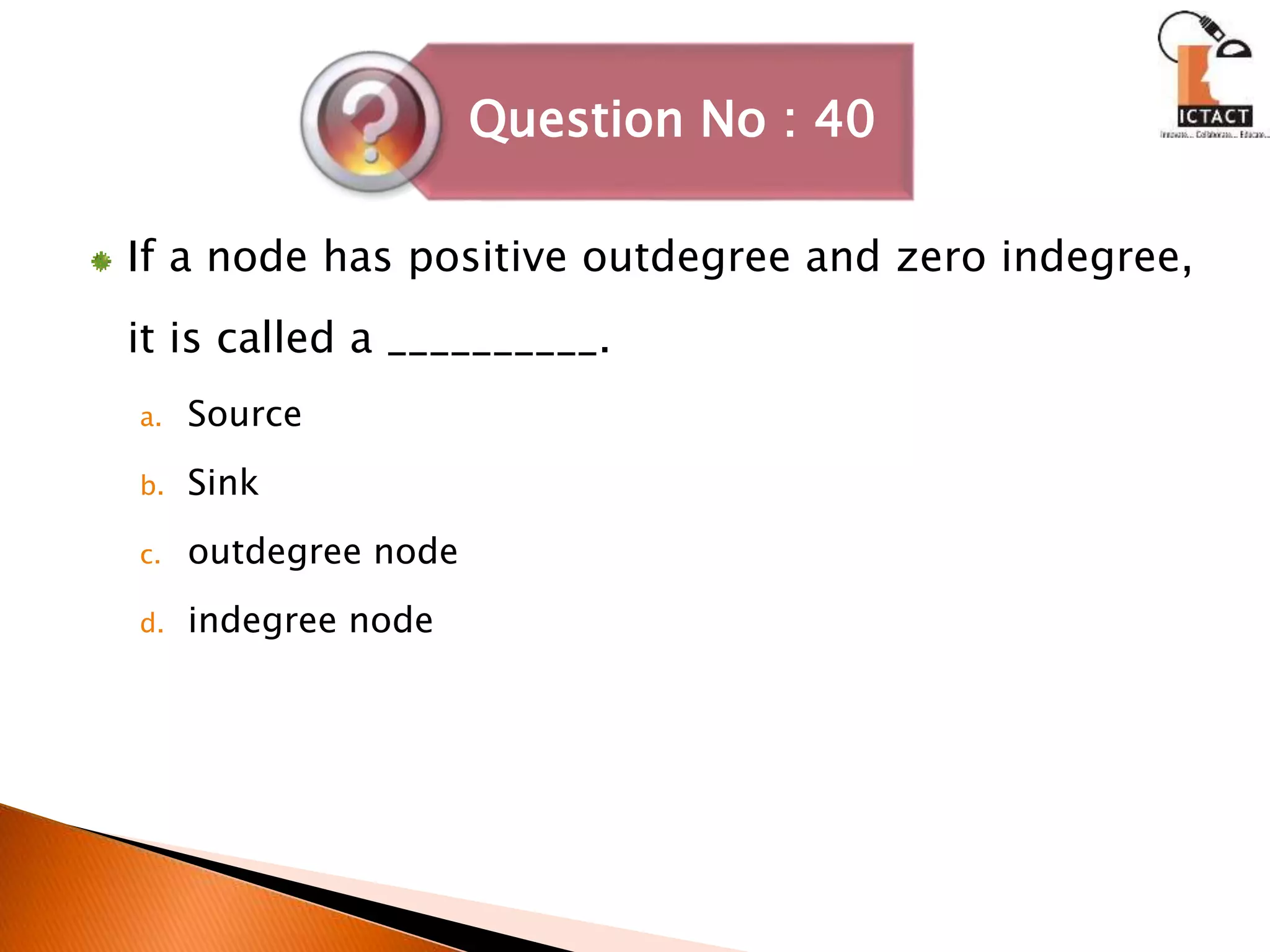 If a node has positive outdegree and zero indegree,
it is called a __________.
a. Source
b. Sink
c. outdegree node
d. indegree node
Question No : 40
 