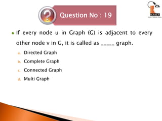 If every node u in Graph (G) is adjacent to every other node v in G, it is called as _____ graph.Directed GraphComplete GraphConnected GraphMulti Graph
