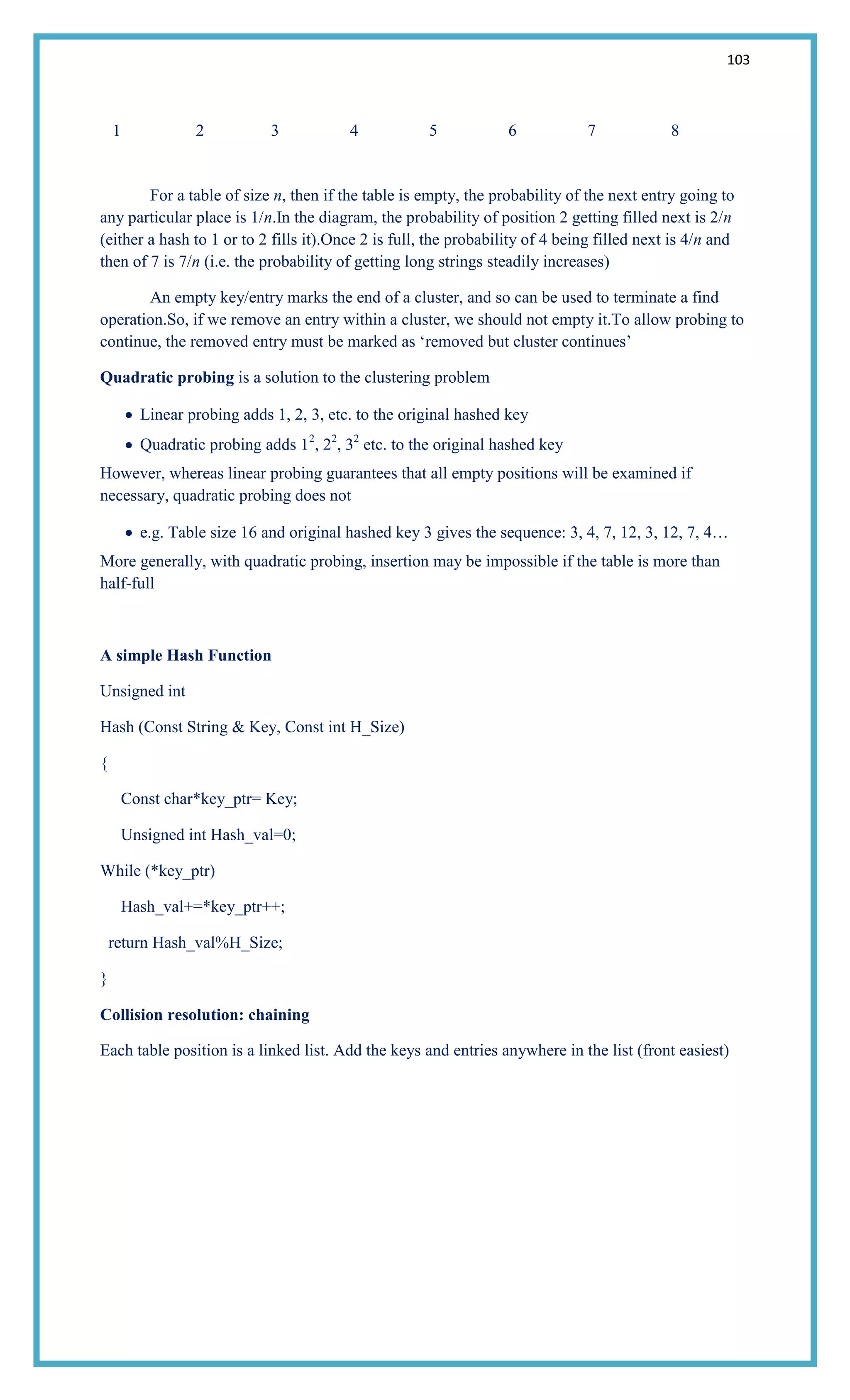 103
1 2 3 4 5 6 7 8
For a table of size n, then if the table is empty, the probability of the next entry going to
any particular place is 1/n.In the diagram, the probability of position 2 getting filled next is 2/n
(either a hash to 1 or to 2 fills it).Once 2 is full, the probability of 4 being filled next is 4/n and
then of 7 is 7/n (i.e. the probability of getting long strings steadily increases)
An empty key/entry marks the end of a cluster, and so can be used to terminate a find
operation.So, if we remove an entry within a cluster, we should not empty it.To allow probing to
continue, the removed entry must be marked as ‗removed but cluster continues‘
Quadratic probing is a solution to the clustering problem
Linear probing adds 1, 2, 3, etc. to the original hashed key
Quadratic probing adds 12
, 22
, 32
etc. to the original hashed key
However, whereas linear probing guarantees that all empty positions will be examined if
necessary, quadratic probing does not
e.g. Table size 16 and original hashed key 3 gives the sequence: 3, 4, 7, 12, 3, 12, 7, 4…
More generally, with quadratic probing, insertion may be impossible if the table is more than
half-full
A simple Hash Function
Unsigned int
Hash (Const String & Key, Const int H_Size)
{
Const char*key_ptr= Key;
Unsigned int Hash_val=0;
While (*key_ptr)
Hash_val+=*key_ptr++;
return Hash_val%H_Size;
}
Collision resolution: chaining
Each table position is a linked list. Add the keys and entries anywhere in the list (front easiest)
 