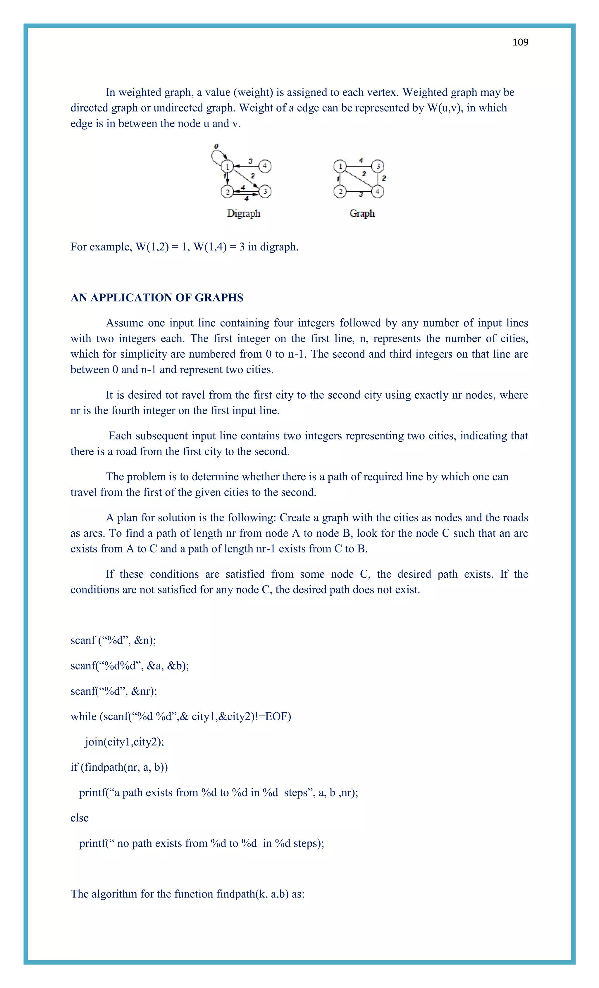 109
In weighted graph, a value (weight) is assigned to each vertex. Weighted graph may be
directed graph or undirected graph. Weight of a edge can be represented by W(u,v), in which
edge is in between the node u and v.
For example, W(1,2) = 1, W(1,4) = 3 in digraph.
AN APPLICATION OF GRAPHS
Assume one input line containing four integers followed by any number of input lines
with two integers each. The first integer on the first line, n, represents the number of cities,
which for simplicity are numbered from 0 to n-1. The second and third integers on that line are
between 0 and n-1 and represent two cities.
It is desired tot ravel from the first city to the second city using exactly nr nodes, where
nr is the fourth integer on the first input line.
Each subsequent input line contains two integers representing two cities, indicating that
there is a road from the first city to the second.
The problem is to determine whether there is a path of required line by which one can
travel from the first of the given cities to the second.
A plan for solution is the following: Create a graph with the cities as nodes and the roads
as arcs. To find a path of length nr from node A to node B, look for the node C such that an arc
exists from A to C and a path of length nr-1 exists from C to B.
If these conditions are satisfied from some node C, the desired path exists. If the
conditions are not satisfied for any node C, the desired path does not exist.
scanf (―%d‖, &n);
scanf(―%d%d‖, &a, &b);
scanf(―%d‖, &nr);
while (scanf(―%d %d‖,& city1,&city2)!=EOF)
join(city1,city2);
if (findpath(nr, a, b))
printf(―a path exists from %d to %d in %d steps‖, a, b ,nr);
else
printf(― no path exists from %d to %d in %d steps);
The algorithm for the function findpath(k, a,b) as:
 