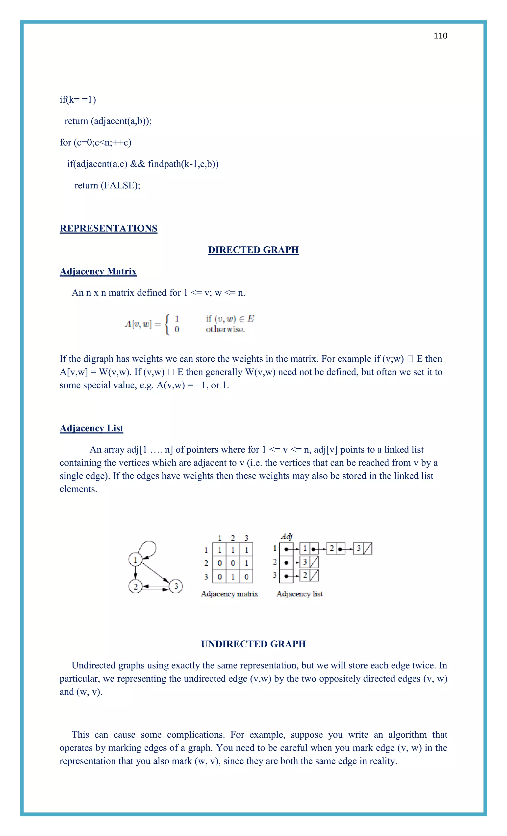 110
if(k= =1)
return (adjacent(a,b));
for (c=0;c<n;++c)
if(adjacent(a,c) && findpath(k-1,c,b))
return (FALSE);
REPRESENTATIONS
DIRECTED GRAPH
Adjacency Matrix
An n x n matrix defined for 1 <= v; w <= n.
If the digraph has weights we can store the weights in the matrix. For example if (v;w) E then
A[v,w] = W(v,w). If (v,w) E then generally W(v,w) need not be defined, but often we set it to
some special value, e.g. A(v,w) = −1, or 1.
Adjacency List
An array adj[1 …. n] of pointers where for 1 <= v <= n, adj[v] points to a linked list
containing the vertices which are adjacent to v (i.e. the vertices that can be reached from v by a
single edge). If the edges have weights then these weights may also be stored in the linked list
elements.
UNDIRECTED GRAPH
Undirected graphs using exactly the same representation, but we will store each edge twice. In
particular, we representing the undirected edge (v,w) by the two oppositely directed edges (v, w)
and (w, v).
This can cause some complications. For example, suppose you write an algorithm that
operates by marking edges of a graph. You need to be careful when you mark edge (v, w) in the
representation that you also mark (w, v), since they are both the same edge in reality.
 