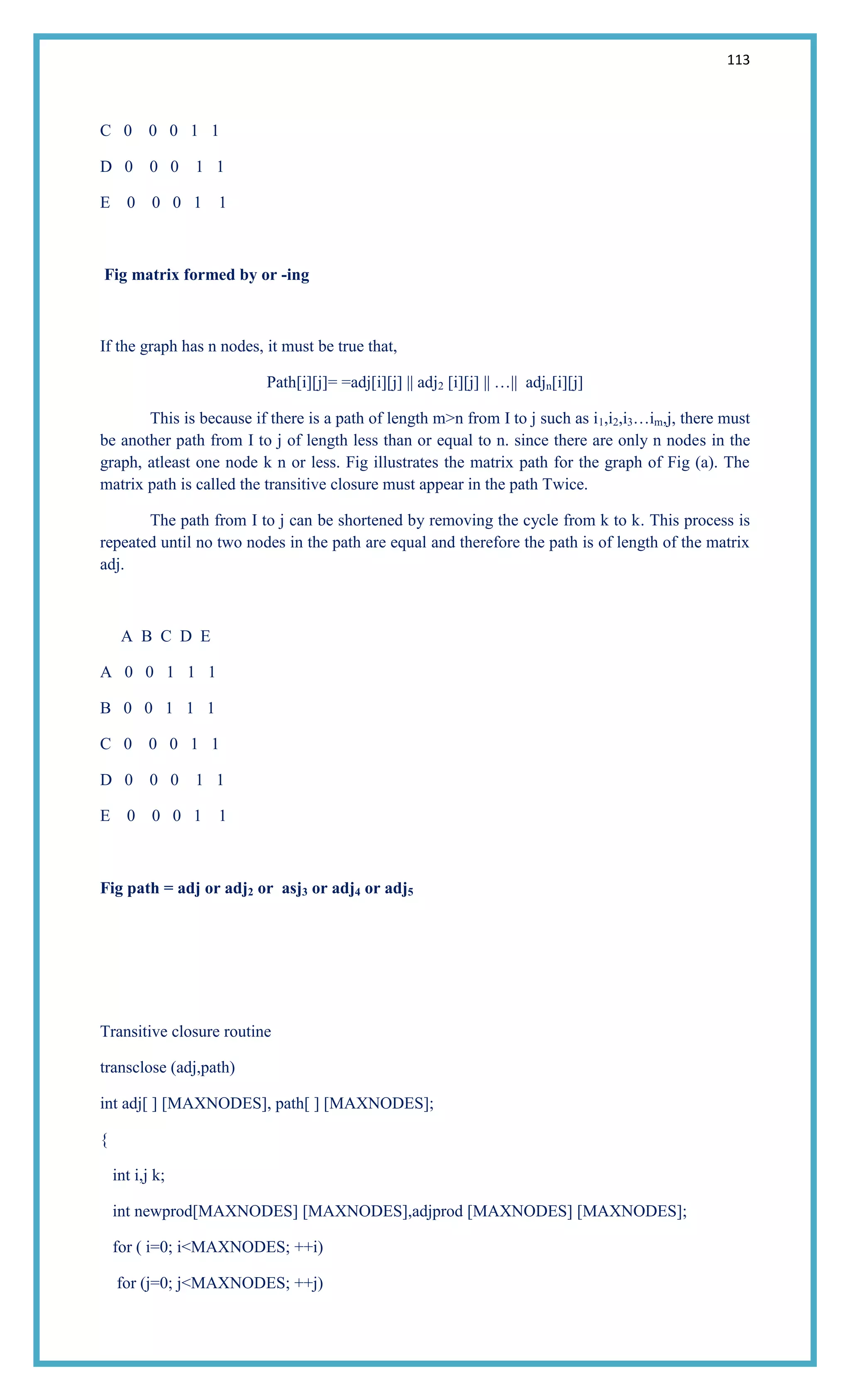 113
C 0 0 0 1 1
D 0 0 0 1 1
E 0 0 0 1 1
Fig matrix formed by or -ing
If the graph has n nodes, it must be true that,
Path[i][j]= =adj[i][j] || adj2 [i][j] || …|| adjn[i][j]
This is because if there is a path of length m>n from I to j such as i1,i2,i3…im,j, there must
be another path from I to j of length less than or equal to n. since there are only n nodes in the
graph, atleast one node k n or less. Fig illustrates the matrix path for the graph of Fig (a). The
matrix path is called the transitive closure must appear in the path Twice.
The path from I to j can be shortened by removing the cycle from k to k. This process is
repeated until no two nodes in the path are equal and therefore the path is of length of the matrix
adj.
A B C D E
A 0 0 1 1 1
B 0 0 1 1 1
C 0 0 0 1 1
D 0 0 0 1 1
E 0 0 0 1 1
Fig path = adj or adj2 or asj3 or adj4 or adj5
Transitive closure routine
transclose (adj,path)
int adj[ ] [MAXNODES], path[ ] [MAXNODES];
{
int i,j k;
int newprod[MAXNODES] [MAXNODES],adjprod [MAXNODES] [MAXNODES];
for ( i=0; i<MAXNODES; ++i)
for (j=0; j<MAXNODES; ++j)
 