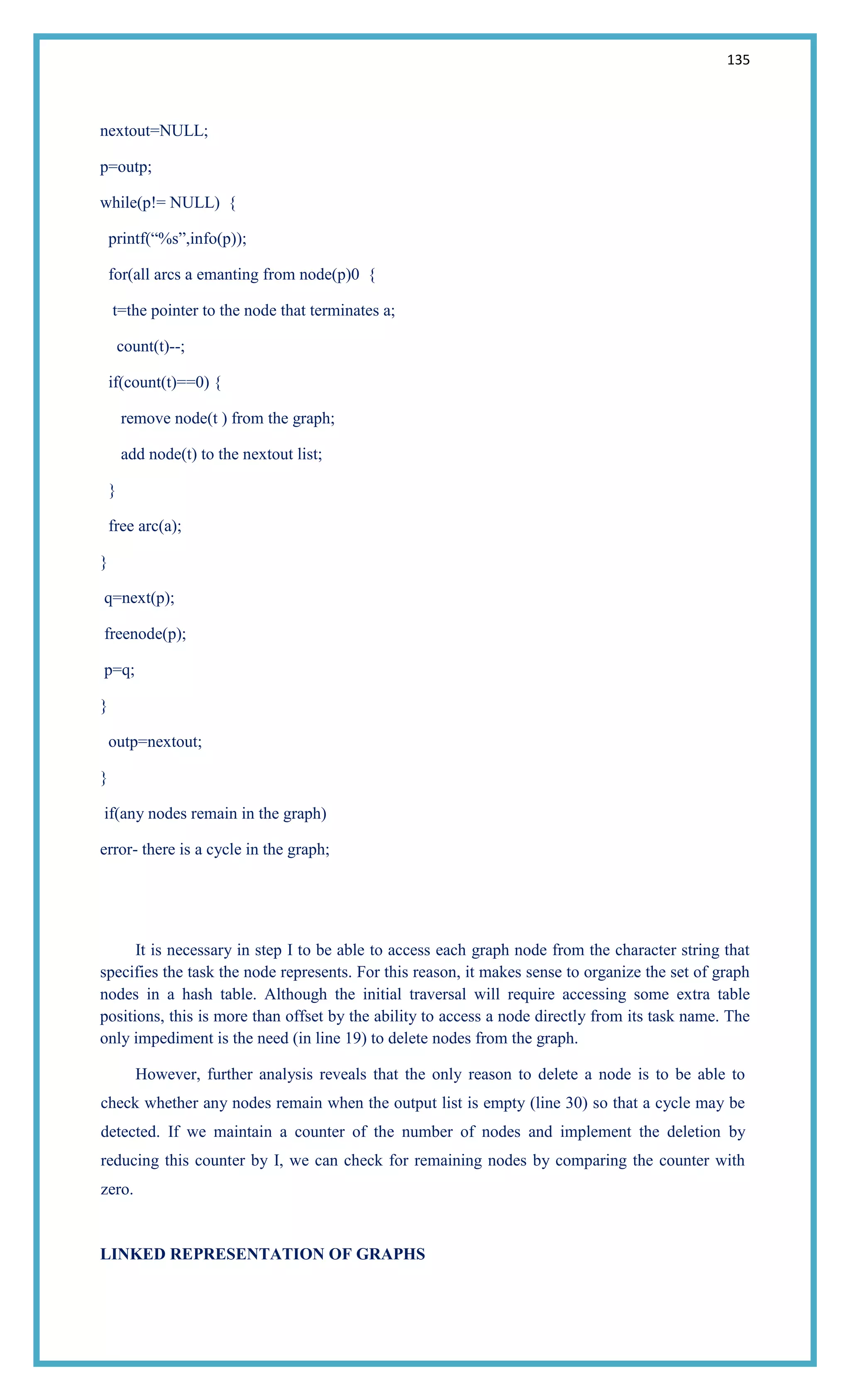 135
nextout=NULL;
p=outp;
while(p!= NULL) {
printf(―%s‖,info(p));
for(all arcs a emanting from node(p)0 {
t=the pointer to the node that terminates a;
count(t)--;
if(count(t)==0) {
remove node(t ) from the graph;
add node(t) to the nextout list;
}
free arc(a);
}
q=next(p);
freenode(p);
p=q;
}
outp=nextout;
}
if(any nodes remain in the graph)
error- there is a cycle in the graph;
It is necessary in step I to be able to access each graph node from the character string that
specifies the task the node represents. For this reason, it makes sense to organize the set of graph
nodes in a hash table. Although the initial traversal will require accessing some extra table
positions, this is more than offset by the ability to access a node directly from its task name. The
only impediment is the need (in line 19) to delete nodes from the graph.
However, further analysis reveals that the only reason to delete a node is to be able to
check whether any nodes remain when the output list is empty (line 30) so that a cycle may be
detected. If we maintain a counter of the number of nodes and implement the deletion by
reducing this counter by I, we can check for remaining nodes by comparing the counter with
zero.
LINKED REPRESENTATION OF GRAPHS
 