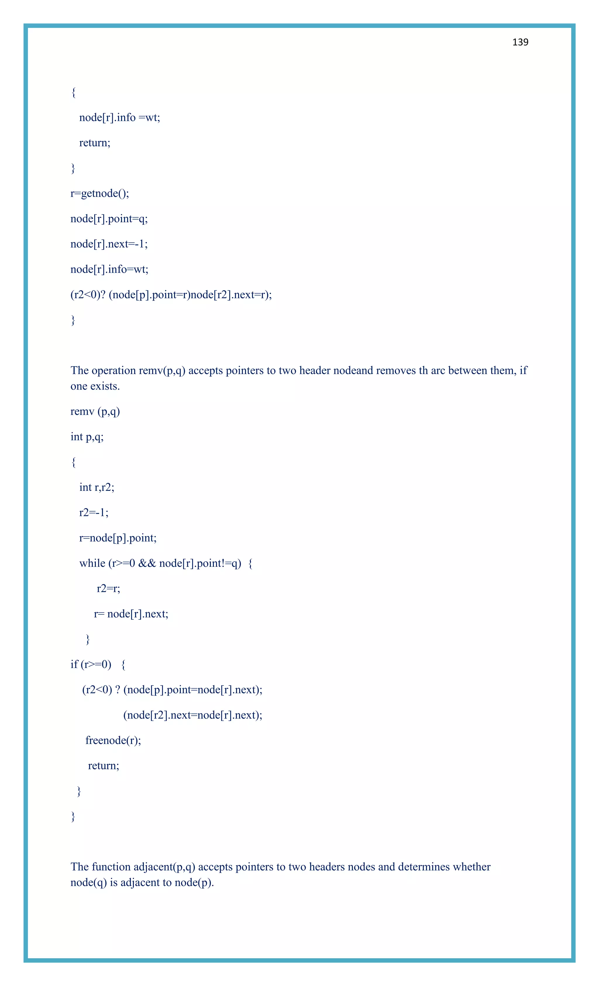 139
{
node[r].info =wt;
return;
}
r=getnode();
node[r].point=q;
node[r].next=-1;
node[r].info=wt;
(r2<0)? (node[p].point=r)node[r2].next=r);
}
The operation remv(p,q) accepts pointers to two header nodeand removes th arc between them, if
one exists.
remv (p,q)
int p,q;
{
int r,r2;
r2=-1;
r=node[p].point;
while (r>=0 && node[r].point!=q) {
r2=r;
r= node[r].next;
}
if (r>=0) {
(r2<0) ? (node[p].point=node[r].next);
(node[r2].next=node[r].next);
freenode(r);
return;
}
}
The function adjacent(p,q) accepts pointers to two headers nodes and determines whether
node(q) is adjacent to node(p).
 