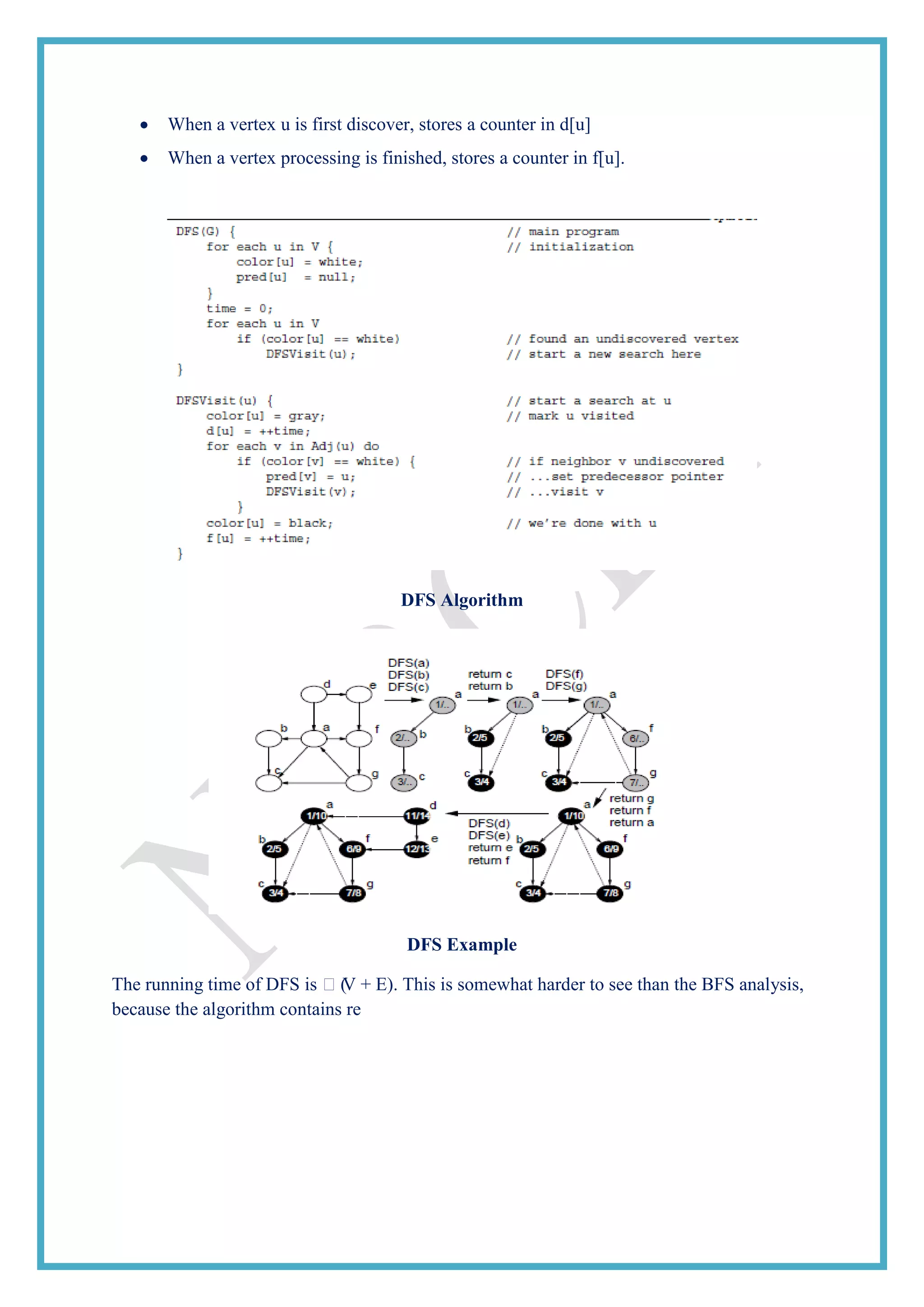 When a vertex u is first discover, stores a counter in d[u]
When a vertex processing is finished, stores a counter in f[u].
DFS Algorithm
DFS Example
The running time of DFS is (V + E). This is somewhat harder to see than the BFS analysis,
because the algorithm contains re
 