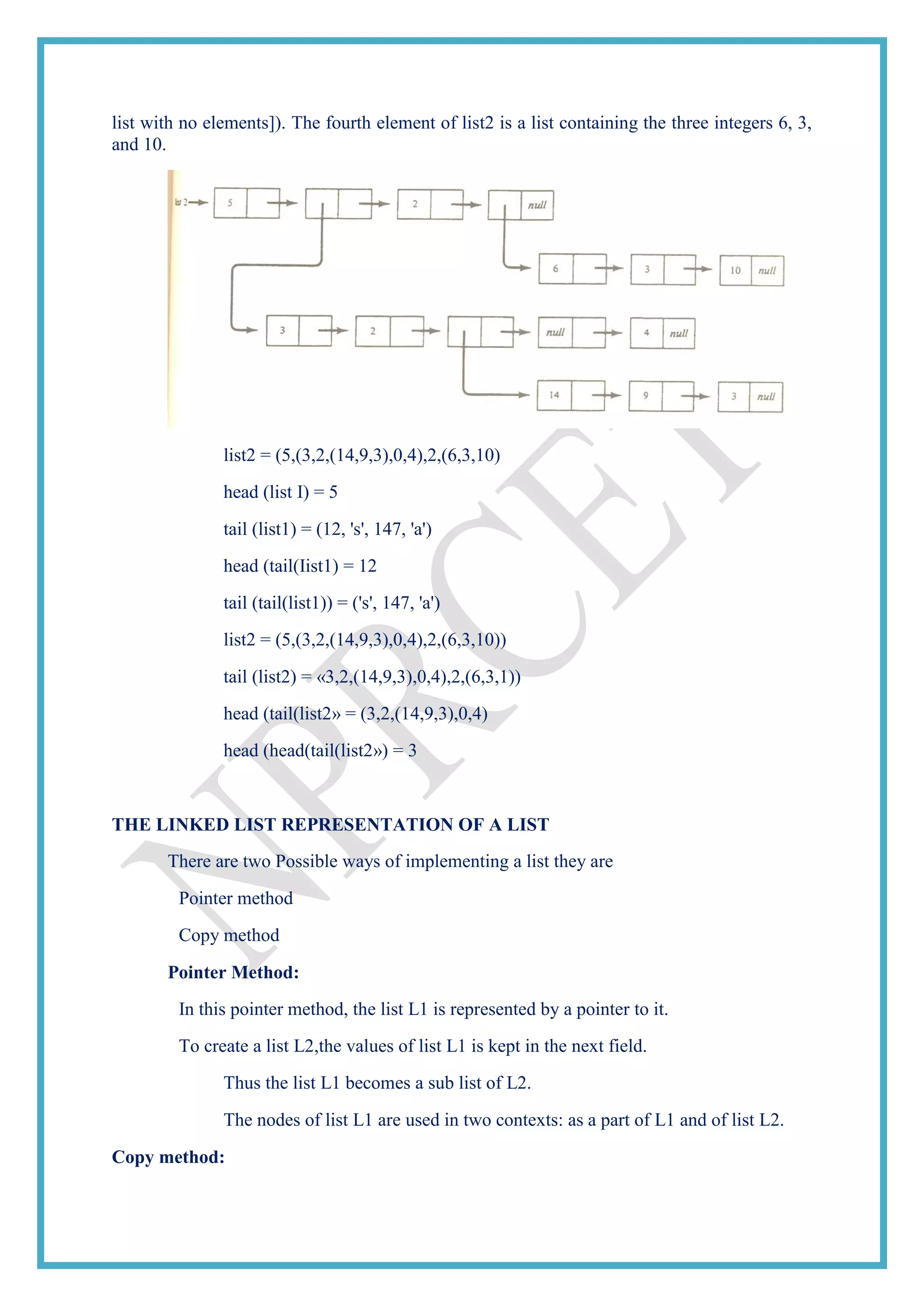 list with no elements]). The fourth element of list2 is a list containing the three integers 6, 3,
and 10.
list2 = (5,(3,2,(14,9,3),0,4),2,(6,3,10)
head (list I) = 5
tail (list1) = (12, 's', 147, 'a')
head (tail(Iist1) = 12
tail (tail(list1)) = ('s', 147, 'a')
list2 = (5,(3,2,(14,9,3),0,4),2,(6,3,10))
tail (list2) = «3,2,(14,9,3),0,4),2,(6,3,1))
head (tail(list2» = (3,2,(14,9,3),0,4)
head (head(tail(list2») = 3
THE LINKED LIST REPRESENTATION OF A LIST
There are two Possible ways of implementing a list they are
Pointer method
Copy method
Pointer Method:
In this pointer method, the list L1 is represented by a pointer to it.
To create a list L2,the values of list L1 is kept in the next field.
Thus the list L1 becomes a sub list of L2.
The nodes of list L1 are used in two contexts: as a part of L1 and of list L2.
Copy method:
 