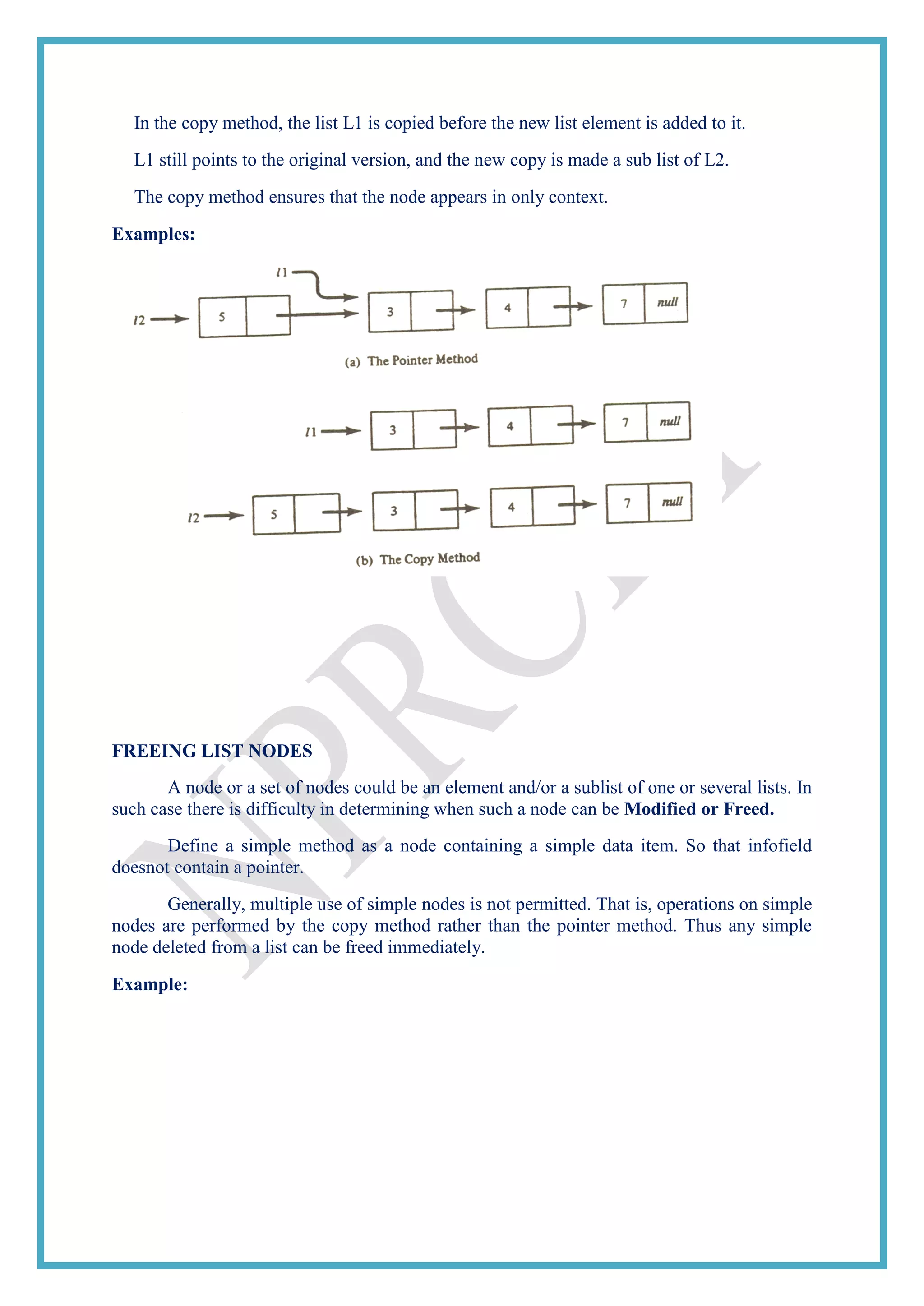 In the copy method, the list L1 is copied before the new list element is added to it.
L1 still points to the original version, and the new copy is made a sub list of L2.
The copy method ensures that the node appears in only context.
Examples:
FREEING LIST NODES
A node or a set of nodes could be an element and/or a sublist of one or several lists. In
such case there is difficulty in determining when such a node can be Modified or Freed.
Define a simple method as a node containing a simple data item. So that infofield
doesnot contain a pointer.
Generally, multiple use of simple nodes is not permitted. That is, operations on simple
nodes are performed by the copy method rather than the pointer method. Thus any simple
node deleted from a list can be freed immediately.
Example:
 