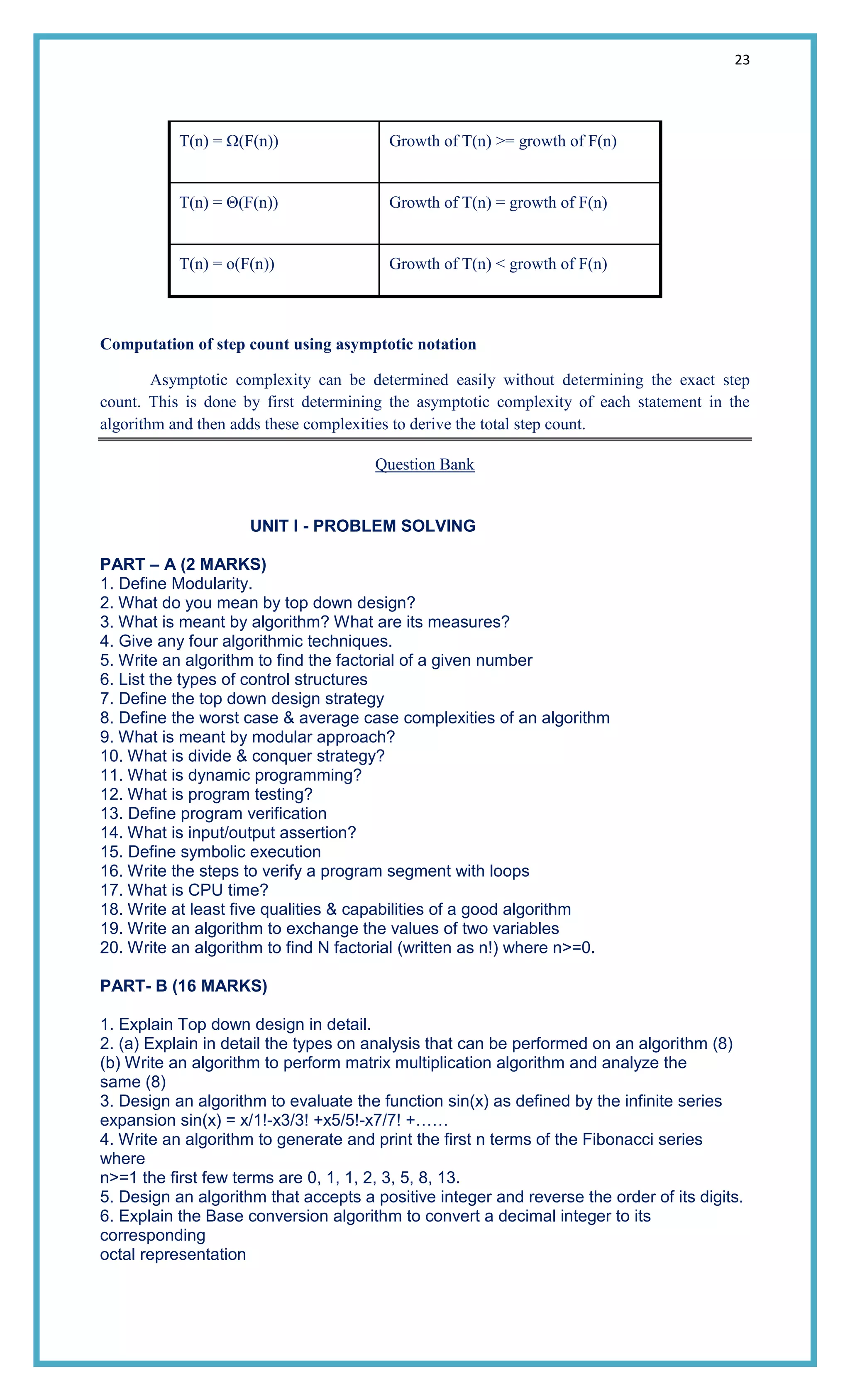 23
T(n) = Ω(F(n)) Growth of T(n) >= growth of F(n)
T(n) = Θ(F(n)) Growth of T(n) = growth of F(n)
T(n) = o(F(n)) Growth of T(n) < growth of F(n)
Computation of step count using asymptotic notation
Asymptotic complexity can be determined easily without determining the exact step
count. This is done by first determining the asymptotic complexity of each statement in the
algorithm and then adds these complexities to derive the total step count.
Question Bank
UNIT I - PROBLEM SOLVING
PART – A (2 MARKS)
1. Define Modularity.
2. What do you mean by top down design?
3. What is meant by algorithm? What are its measures?
4. Give any four algorithmic techniques.
5. Write an algorithm to find the factorial of a given number
6. List the types of control structures
7. Define the top down design strategy
8. Define the worst case & average case complexities of an algorithm
9. What is meant by modular approach?
10. What is divide & conquer strategy?
11. What is dynamic programming?
12. What is program testing?
13. Define program verification
14. What is input/output assertion?
15. Define symbolic execution
16. Write the steps to verify a program segment with loops
17. What is CPU time?
18. Write at least five qualities & capabilities of a good algorithm
19. Write an algorithm to exchange the values of two variables
20. Write an algorithm to find N factorial (written as n!) where n>=0.
PART- B (16 MARKS)
1. Explain Top down design in detail.
2. (a) Explain in detail the types on analysis that can be performed on an algorithm (8)
(b) Write an algorithm to perform matrix multiplication algorithm and analyze the
same (8)
3. Design an algorithm to evaluate the function sin(x) as defined by the infinite series
expansion sin(x) = x/1!-x3/3! +x5/5!-x7/7! +……
4. Write an algorithm to generate and print the first n terms of the Fibonacci series
where
n>=1 the first few terms are 0, 1, 1, 2, 3, 5, 8, 13.
5. Design an algorithm that accepts a positive integer and reverse the order of its digits.
6. Explain the Base conversion algorithm to convert a decimal integer to its
corresponding
octal representation
 