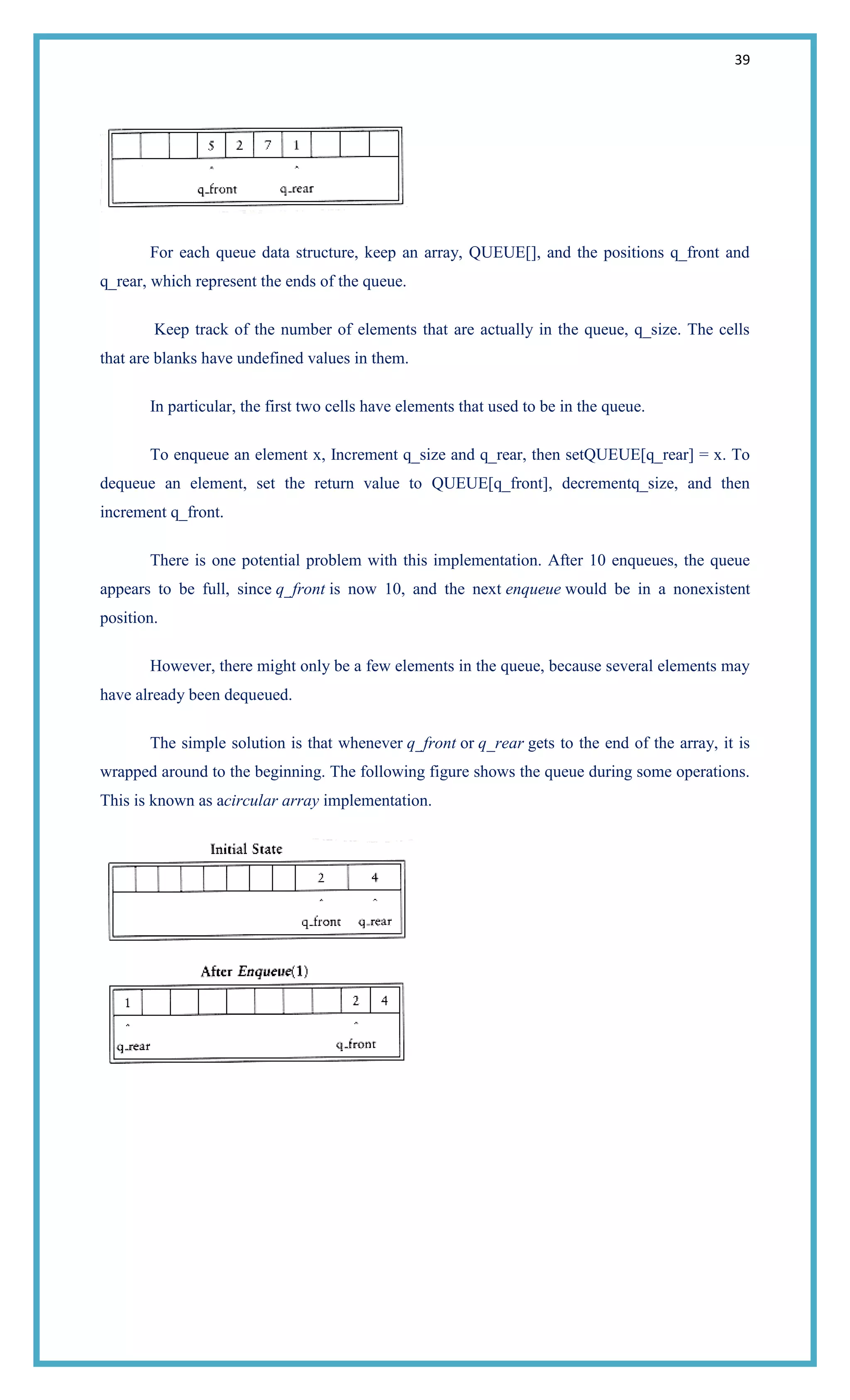 39
For each queue data structure, keep an array, QUEUE[], and the positions q_front and
q_rear, which represent the ends of the queue.
Keep track of the number of elements that are actually in the queue, q_size. The cells
that are blanks have undefined values in them.
In particular, the first two cells have elements that used to be in the queue.
To enqueue an element x, Increment q_size and q_rear, then setQUEUE[q_rear] = x. To
dequeue an element, set the return value to QUEUE[q_front], decrementq_size, and then
increment q_front.
There is one potential problem with this implementation. After 10 enqueues, the queue
appears to be full, since q_front is now 10, and the next enqueue would be in a nonexistent
position.
However, there might only be a few elements in the queue, because several elements may
have already been dequeued.
The simple solution is that whenever q_front or q_rear gets to the end of the array, it is
wrapped around to the beginning. The following figure shows the queue during some operations.
This is known as acircular array implementation.
 