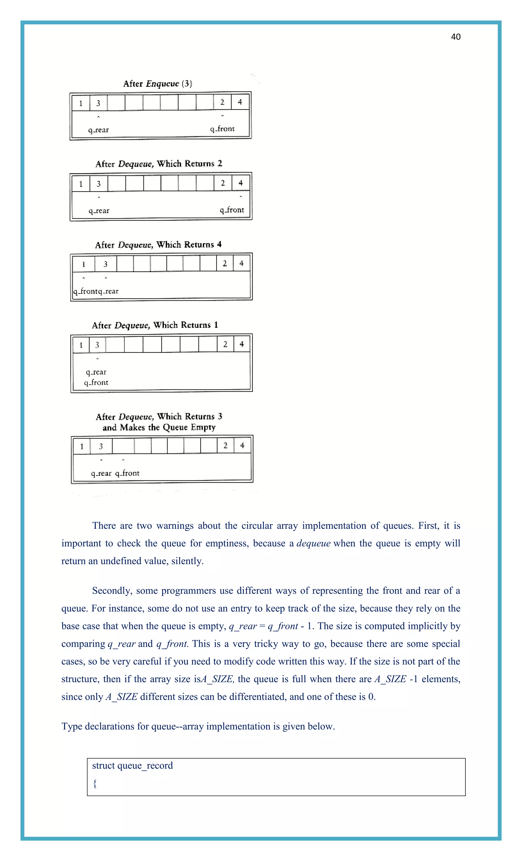 40
There are two warnings about the circular array implementation of queues. First, it is
important to check the queue for emptiness, because a dequeue when the queue is empty will
return an undefined value, silently.
Secondly, some programmers use different ways of representing the front and rear of a
queue. For instance, some do not use an entry to keep track of the size, because they rely on the
base case that when the queue is empty, q_rear = q_front - 1. The size is computed implicitly by
comparing q_rear and q_front. This is a very tricky way to go, because there are some special
cases, so be very careful if you need to modify code written this way. If the size is not part of the
structure, then if the array size isA_SIZE, the queue is full when there are A_SIZE -1 elements,
since only A_SIZE different sizes can be differentiated, and one of these is 0.
Type declarations for queue--array implementation is given below.
struct queue_record
{
 