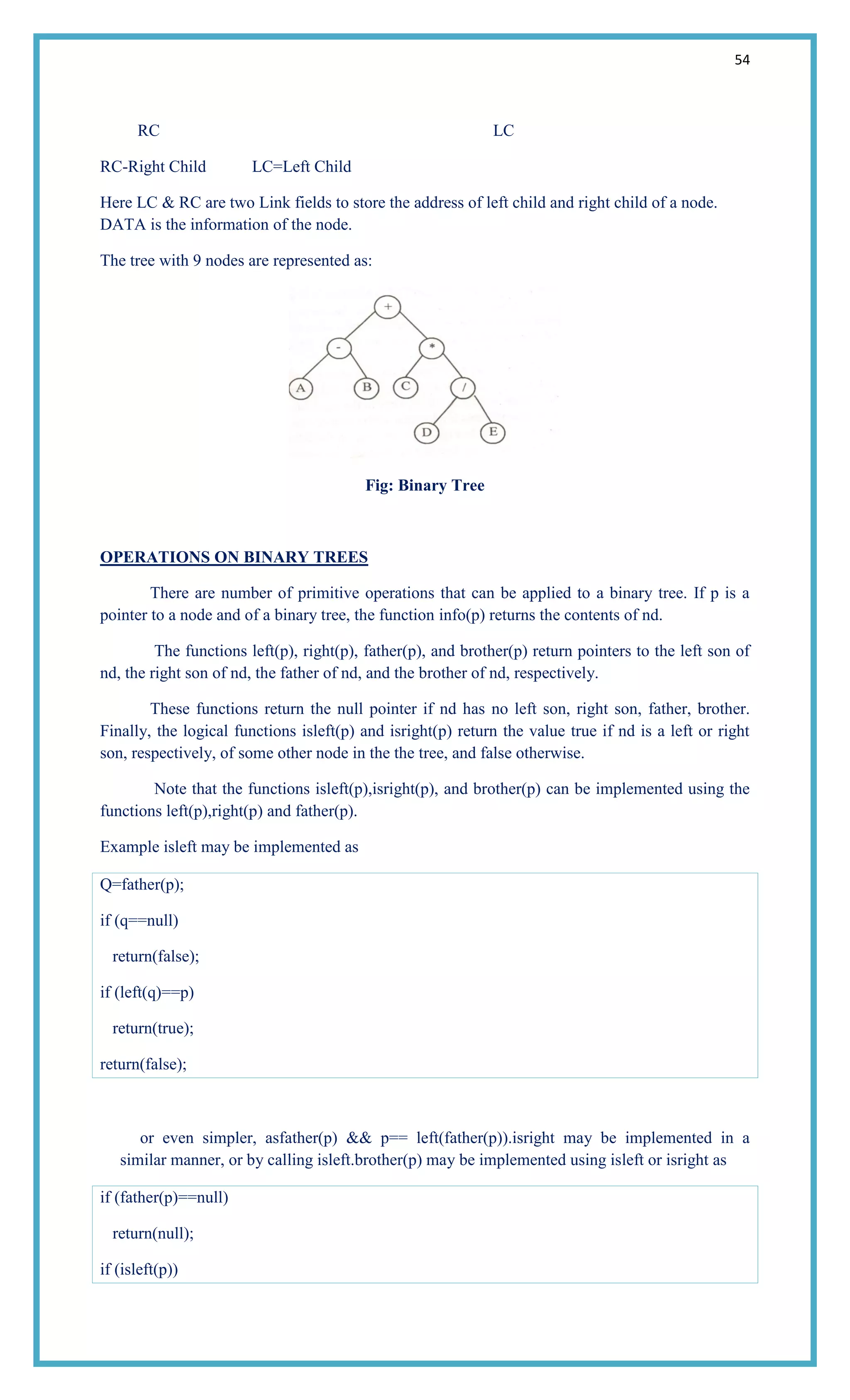 54
RC LC
RC-Right Child LC=Left Child
Here LC & RC are two Link fields to store the address of left child and right child of a node.
DATA is the information of the node.
The tree with 9 nodes are represented as:
Fig: Binary Tree
OPERATIONS ON BINARY TREES
There are number of primitive operations that can be applied to a binary tree. If p is a
pointer to a node and of a binary tree, the function info(p) returns the contents of nd.
The functions left(p), right(p), father(p), and brother(p) return pointers to the left son of
nd, the right son of nd, the father of nd, and the brother of nd, respectively.
These functions return the null pointer if nd has no left son, right son, father, brother.
Finally, the logical functions isleft(p) and isright(p) return the value true if nd is a left or right
son, respectively, of some other node in the the tree, and false otherwise.
Note that the functions isleft(p),isright(p), and brother(p) can be implemented using the
functions left(p),right(p) and father(p).
Example isleft may be implemented as
Q=father(p);
if (q==null)
return(false);
if (left(q)==p)
return(true);
return(false);
or even simpler, asfather(p) && p== left(father(p)).isright may be implemented in a
similar manner, or by calling isleft.brother(p) may be implemented using isleft or isright as
if (father(p)==null)
return(null);
if (isleft(p))
 