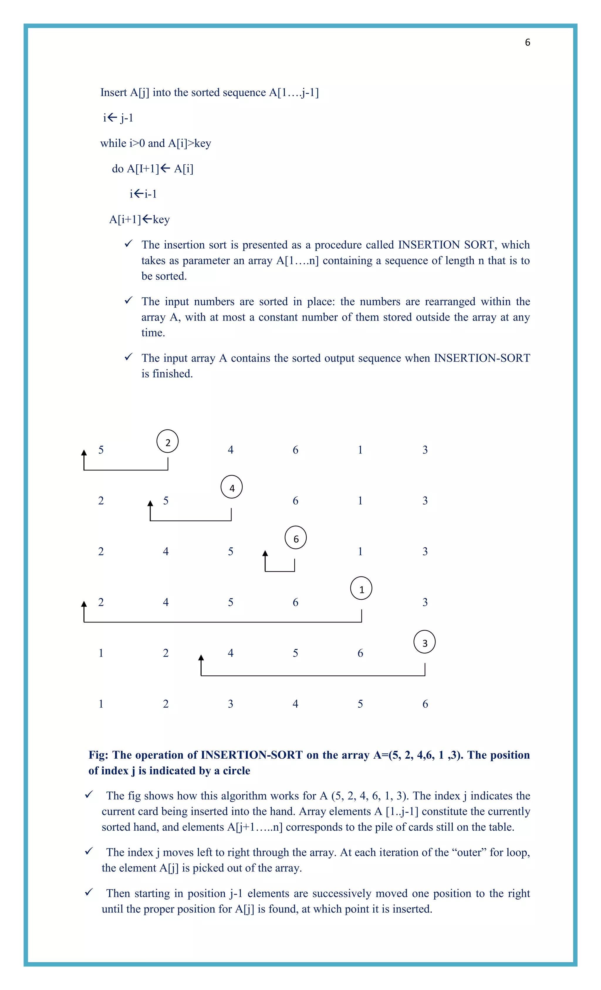 6
Insert A[j] into the sorted sequence A[1….j-1]
i j-1
while i>0 and A[i]>key
do A[I+1] A[i]
ii-1
A[i+1]key
 The insertion sort is presented as a procedure called INSERTION SORT, which
takes as parameter an array A[1….n] containing a sequence of length n that is to
be sorted.
 The input numbers are sorted in place: the numbers are rearranged within the
array A, with at most a constant number of them stored outside the array at any
time.
 The input array A contains the sorted output sequence when INSERTION-SORT
is finished.
5 4 6 1 3
2 5 6 1 3
2 4 5 1 3
2 4 5 6 3
1 2 4 5 6
1 2 3 4 5 6
Fig: The operation of INSERTION-SORT on the array A=(5, 2, 4,6, 1 ,3). The position
of index j is indicated by a circle
 The fig shows how this algorithm works for A (5, 2, 4, 6, 1, 3). The index j indicates the
current card being inserted into the hand. Array elements A [1..j-1] constitute the currently
sorted hand, and elements A[j+1…..n] corresponds to the pile of cards still on the table.
 The index j moves left to right through the array. At each iteration of the ―outer‖ for loop,
the element A[j] is picked out of the array.
 Then starting in position j-1 elements are successively moved one position to the right
until the proper position for A[j] is found, at which point it is inserted.
2
4
6
1
3
 