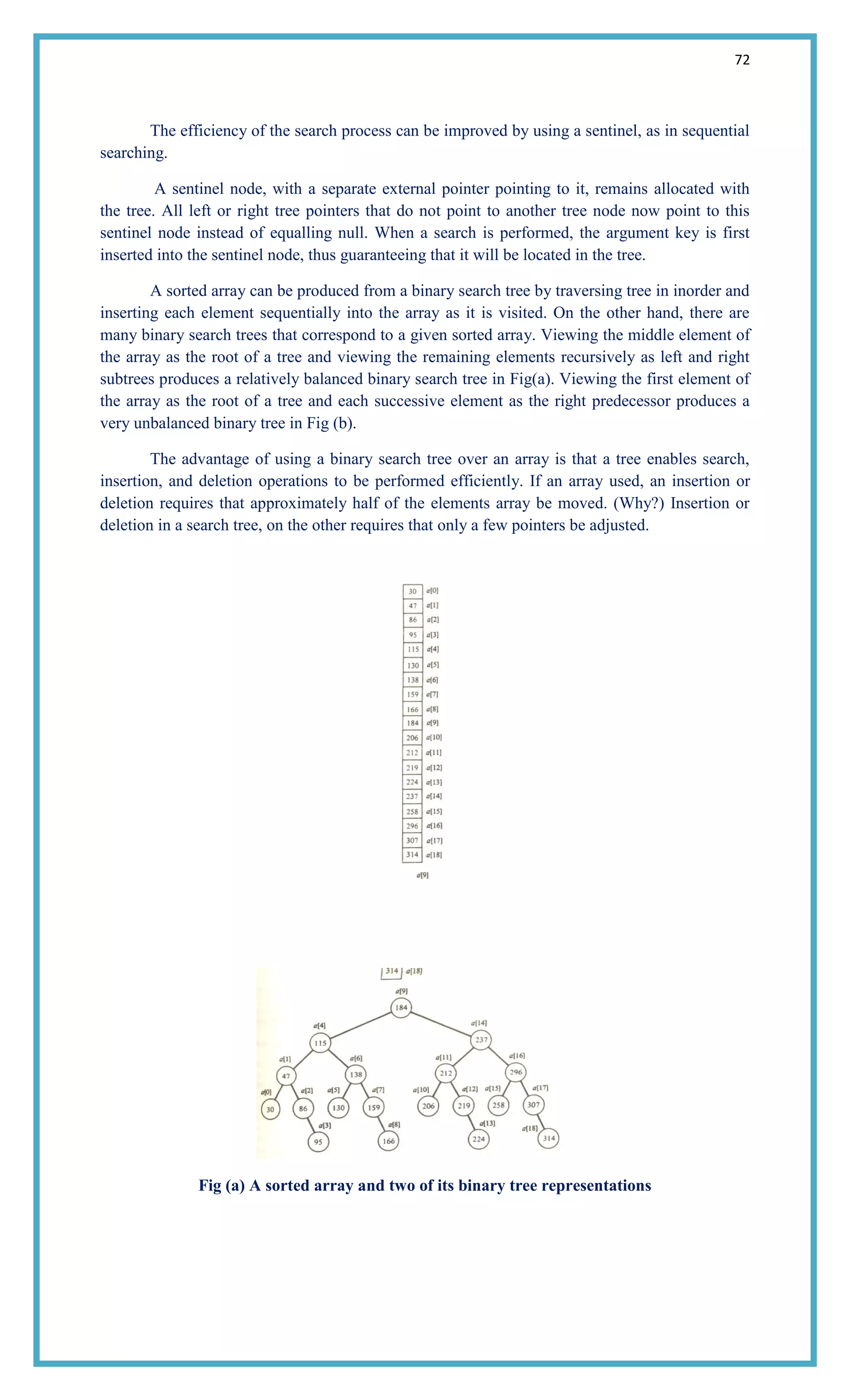 72
The efficiency of the search process can be improved by using a sentinel, as in sequential
searching.
A sentinel node, with a separate external pointer pointing to it, remains allocated with
the tree. All left or right tree pointers that do not point to another tree node now point to this
sentinel node instead of equalling null. When a search is performed, the argument key is first
inserted into the sentinel node, thus guaranteeing that it will be located in the tree.
A sorted array can be produced from a binary search tree by traversing tree in inorder and
inserting each element sequentially into the array as it is visited. On the other hand, there are
many binary search trees that correspond to a given sorted array. Viewing the middle element of
the array as the root of a tree and viewing the remaining elements recursively as left and right
subtrees produces a relatively balanced binary search tree in Fig(a). Viewing the first element of
the array as the root of a tree and each successive element as the right predecessor produces a
very unbalanced binary tree in Fig (b).
The advantage of using a binary search tree over an array is that a tree enables search,
insertion, and deletion operations to be performed efficiently. If an array used, an insertion or
deletion requires that approximately half of the elements array be moved. (Why?) Insertion or
deletion in a search tree, on the other requires that only a few pointers be adjusted.
Fig (a) A sorted array and two of its binary tree representations
 