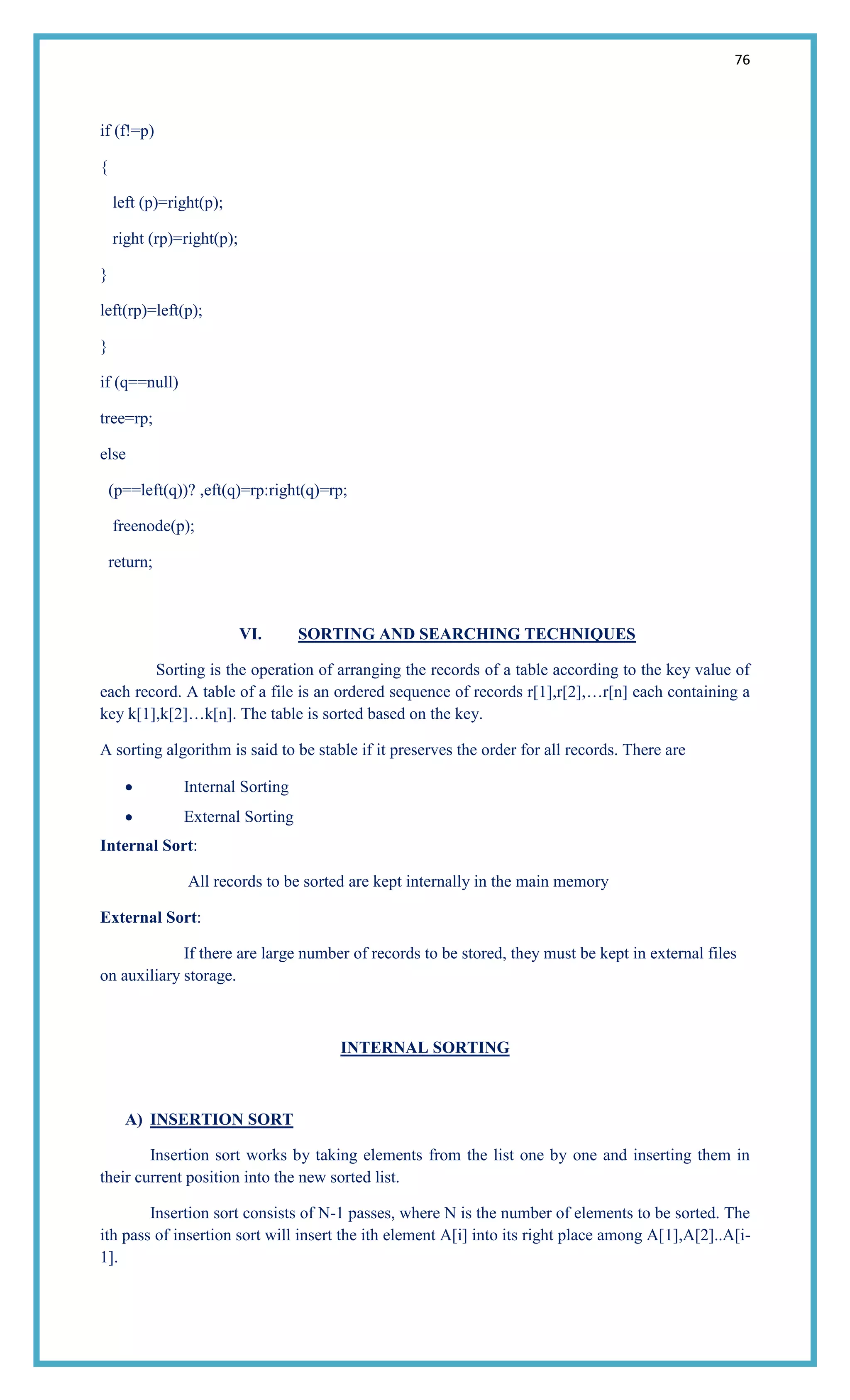 76
if (f!=p)
{
left (p)=right(p);
right (rp)=right(p);
}
left(rp)=left(p);
}
if (q==null)
tree=rp;
else
(p==left(q))? ,eft(q)=rp:right(q)=rp;
freenode(p);
return;
VI. SORTING AND SEARCHING TECHNIQUES
Sorting is the operation of arranging the records of a table according to the key value of
each record. A table of a file is an ordered sequence of records r[1],r[2],…r[n] each containing a
key k[1],k[2]…k[n]. The table is sorted based on the key.
A sorting algorithm is said to be stable if it preserves the order for all records. There are
Internal Sorting
External Sorting
Internal Sort:
All records to be sorted are kept internally in the main memory
External Sort:
If there are large number of records to be stored, they must be kept in external files
on auxiliary storage.
INTERNAL SORTING
A) INSERTION SORT
Insertion sort works by taking elements from the list one by one and inserting them in
their current position into the new sorted list.
Insertion sort consists of N-1 passes, where N is the number of elements to be sorted. The
ith pass of insertion sort will insert the ith element A[i] into its right place among A[1],A[2]..A[i-
1].
 