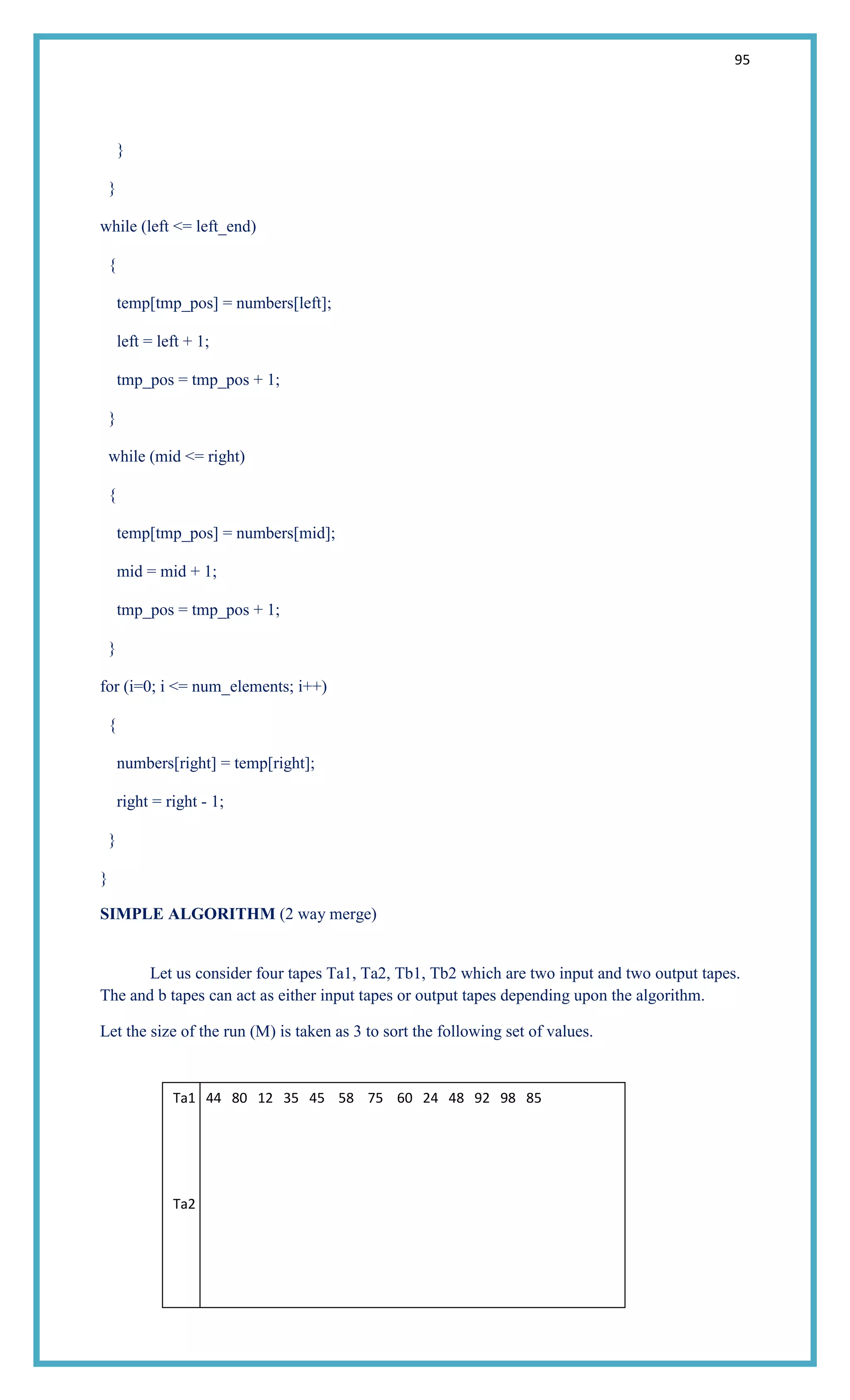95
}
}
while (left <= left_end)
{
temp[tmp_pos] = numbers[left];
left = left + 1;
tmp_pos = tmp_pos + 1;
}
while (mid <= right)
{
temp[tmp_pos] = numbers[mid];
mid = mid + 1;
tmp_pos = tmp_pos + 1;
}
for (i=0; i <= num_elements; i++)
{
numbers[right] = temp[right];
right = right - 1;
}
}
SIMPLE ALGORITHM (2 way merge)
Let us consider four tapes Ta1, Ta2, Tb1, Tb2 which are two input and two output tapes.
The and b tapes can act as either input tapes or output tapes depending upon the algorithm.
Let the size of the run (M) is taken as 3 to sort the following set of values.
Ta1 44 80 12 35 45 58 75 60 24 48 92 98 85
Ta2
Ta3
 