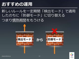 おすすめの運用
新しいルールを一定期間「検出モード」で適用
したのちに「防御モード」に切り替える
つまり慣熟期間をもうける
classmethod.jp 13
から
 