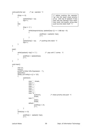 void push(char op) /* op - operator */
{
/* before pushing the operator
'op' into the stack check priority
of op with top of opstack if less
then pop the operator from stack
then push into postfix string else
push op onto stack itself */
if(top == 0)
{
opstack[top] = op;
top++;
}
else
{
if(op != '(' )
{
while(lesspriority(op, opstack[top-1]) == 1 && top > 0)
{
postfix[j] = opstack[--top];
j++;
}
}
opstack[top] = op; /* pushing onto stack */
top++;
}
}
pop()
{
while(opstack[--top] != '(' ) /* pop until '(' comes */
{
postfix[j] = opstack[top];
j++;
}
}
void main()
{
char ch;
clrscr();
printf("n Enter Infix Expression : ");
gets(infix);
while( (ch=infix[i++]) != ‘0’)
{
switch(ch)
{
case ' ' : break;
case '(' :
case '+' :
case '-' :
case '*' :
case '/' :
case '^' :
case '%' :
push(ch); /* check priority and push */
break;
case ')' :
pop();
break;
default :
postfix[j] = ch;
j++;
}
}
while(top >= 0)
{
postfix[j] = opstack[--top];
j++;
Lecture Notes Dept. of Information Technology99
 
